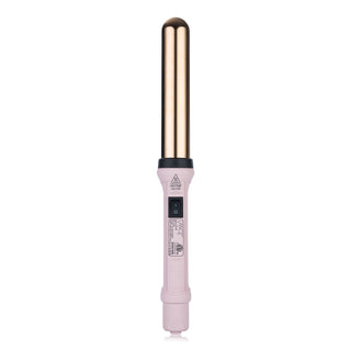 A pink and gold curling wand with a cylindrical barrel and a power switch on the handle.